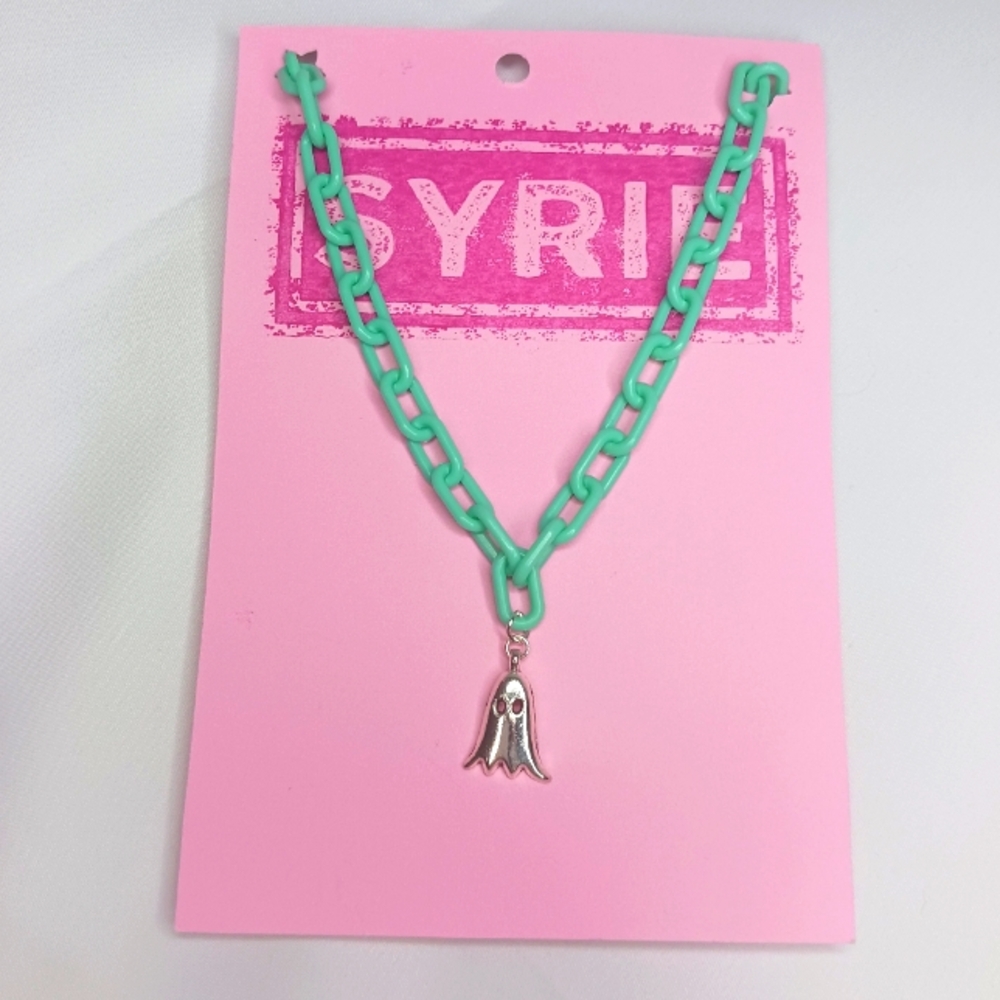 Plastic Mint/Aqua Link Necklace with Ghost Pendant.